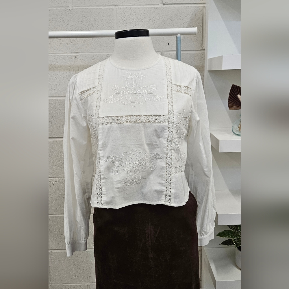 Cotton Embroidered, Pintucked, And Lace Paneled Top